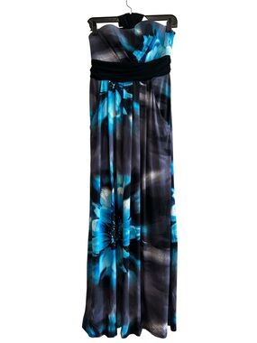 J.F.W. Strapless/Halter Floral Maxi Dress in Blue and Black